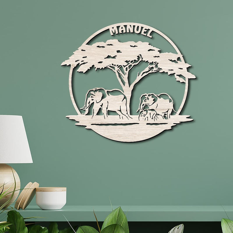 Afrika Savanne, Wanddeko aus Holz, Dekolicht mit Personalisierung, Elefant in Afrika, Geschenkidee