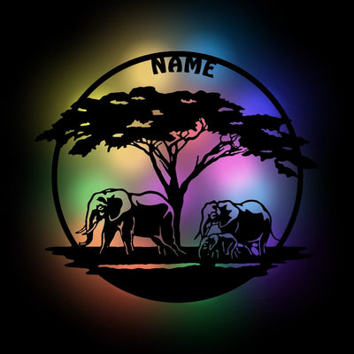 Afrika Savanne, Wanddeko aus Holz, Dekolicht mit Personalisierung, Elefant in Afrika, Geschenkidee mit RGB