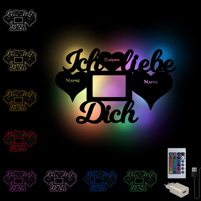 Geschenkidee 'Ich liebe Dich' Bilderrahmen personalisiert mit Namen und Datum, LED RGB Wandlampe aus Holz, Weihnachtsgeschenk, Geburtstagsgeschenk, Hochzeitsgeschenk, Geschenk für Männer Holz Wanddeko mit Fernbedienung