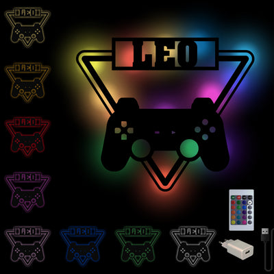 Gaming Dreieck Gamepad' Geschenk für Gamer zum Geburtstag oder Weihnachten - LED RGB Gaming Licht Controller / Wandlampe aus Holz,  Weihnachtsgeschenk, Geburtstagsgeschenk personalisiert mit Name, mit Fernbedienung