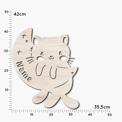 Katze auf Mond' LED Nachtlicht / Wandlampe mit Spieluhr aus Holz personalisiert mit Name | Geburtstagsgeschenk | Weihnachtsgeschenk für Kinderzimmer Maße