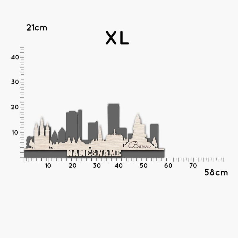 Bonn Stadtsilhouette, in drei Größen, LED oder RGB Lichterkette, zwei Ebenen, Großstadt Silhouette, personalisierbar mit Namen