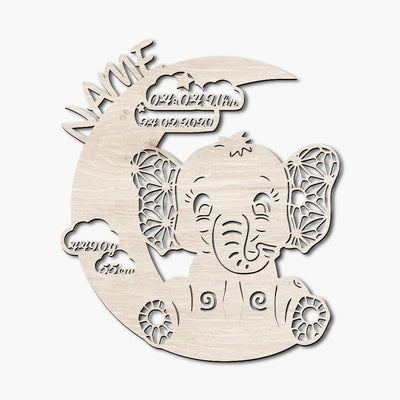 Nachtlicht für Babies und Kinder, Geschenk zur Geburt, Schlummerlicht Elefant im Mond, Mandala Elefant aus Holz, Wanddeko aus Holz für Kinder, personalisierbar mit Namen und Geburtsdaten