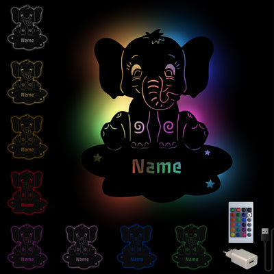 Elefant auf Mond' LED RGB Nachtlicht / Wandlampe mit Spieluhr aus Holz personalisiert mit Name | Geburtstagsgeschenk | Weihnachtsgeschenk für Kinderzimmer mit Fernbedienung