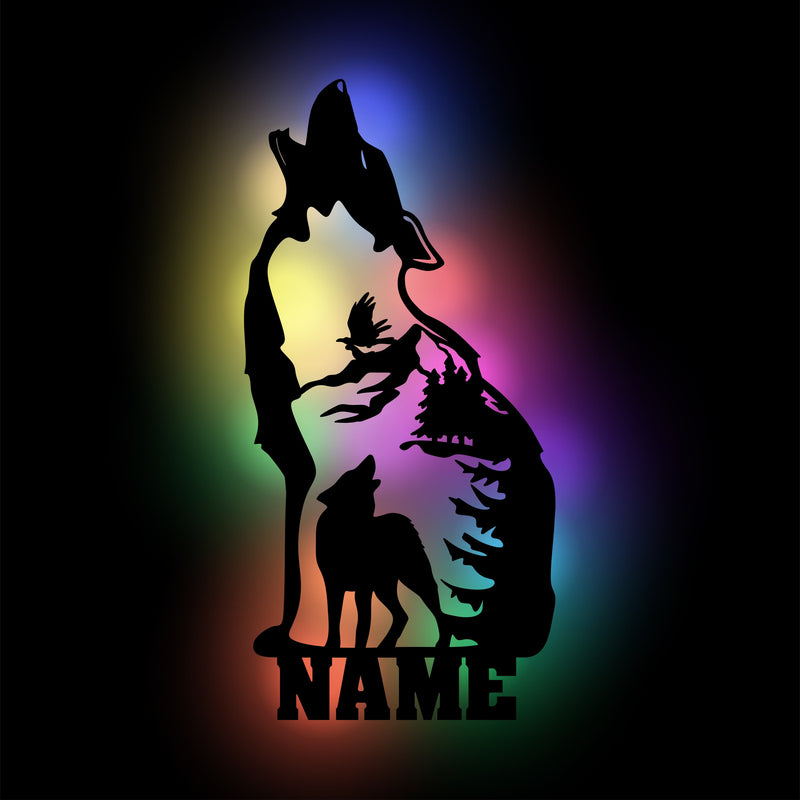 Wolf Dekoration mit LED Beleuchtung aus Holz, personalisierbare Wanddeko für Jäger, personalisierbar aus Pappelsperrholz, Jägerdekoration, RGB Beleuchtung