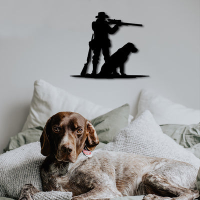 Jäger mit Hund, Jägermotiv, Jagdmotiv für die Wand, Wandekoration für Jäger und Naturliebhaber, Geschenkidee aus Holz, schwarz lackiertes HDF Holz, treuer Begleiter