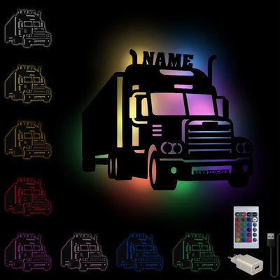 LKW Wanddeko aus Holz, personalisierbare Dekoration für Kinder oder Erwachsene, Geschenkidee für Trucker, Lastwagenfahrer, Geschenkidee mit RGB Lichterkette