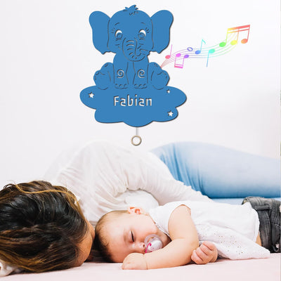 Elefant auf Wolke' LED Nachtlicht / Wandlampe mit Spieluhr aus Holz personalisiert mit Name | Geburtstagsgeschenk | Weihnachtsgeschenk für Kinderzimmer blau