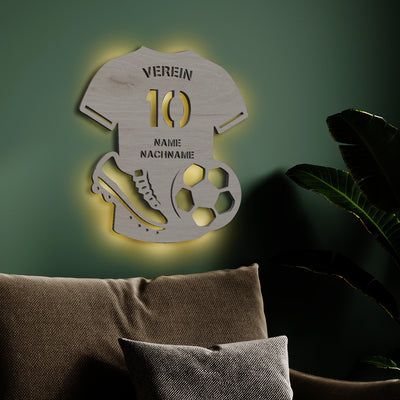 Wanddeko, Wandlicht aus Holz, Dekolicht mit LED oder RGB Lichterkette, personalisierbare Wanddekoration, Fußball Verein T-Shirt, Sportler, Fußballtrikot