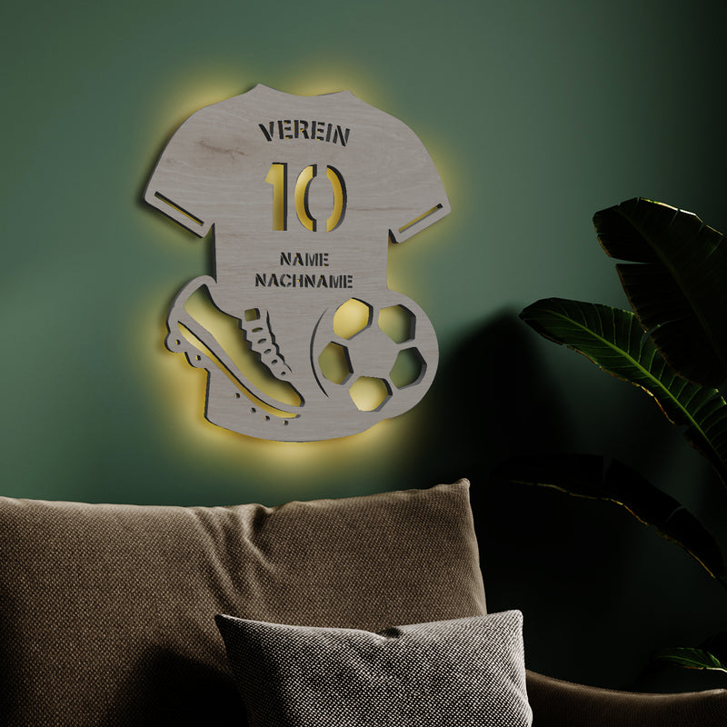 Wanddeko, Wandlicht aus Holz, Dekolicht mit LED oder RGB Lichterkette, personalisierbare Wanddekoration, Fußball Verein T-Shirt, Sportler, Fußballtrikot