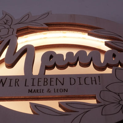 LED Ring Muttertag, Mama, personalisierbare Geschenkidee aus Holz, Ringlicht, Holzdeko zum Hinstellen
