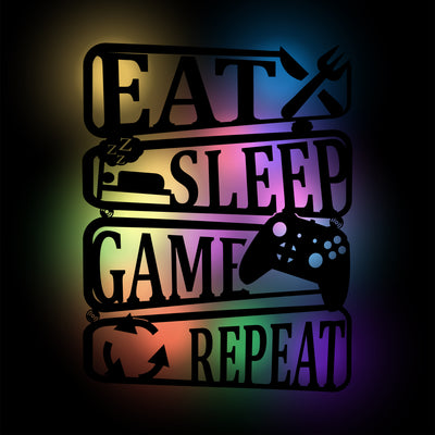 Eat sleep game repeat' Geschenk für Gamer zum Geburtstag oder Weihnachten - LED RGB Gaming Licht Controller / Wandlampe aus Holz,  Weihnachtsgeschenk, Geburtstagsgeschenk