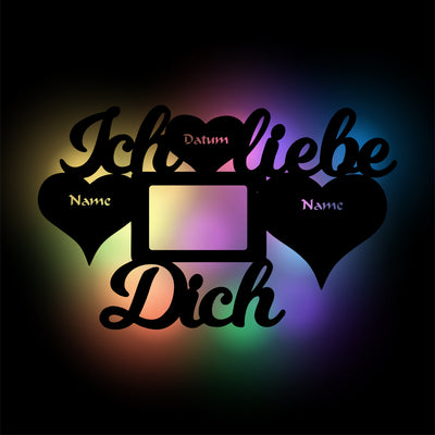 Geschenkidee 'Ich liebe Dich' Bilderrahmen personalisiert mit Namen und Datum, LED RGB Wandlampe aus Holz, Weihnachtsgeschenk, Geburtstagsgeschenk, Hochzeitsgeschenk, Geschenk für Männer Holz Wanddeko