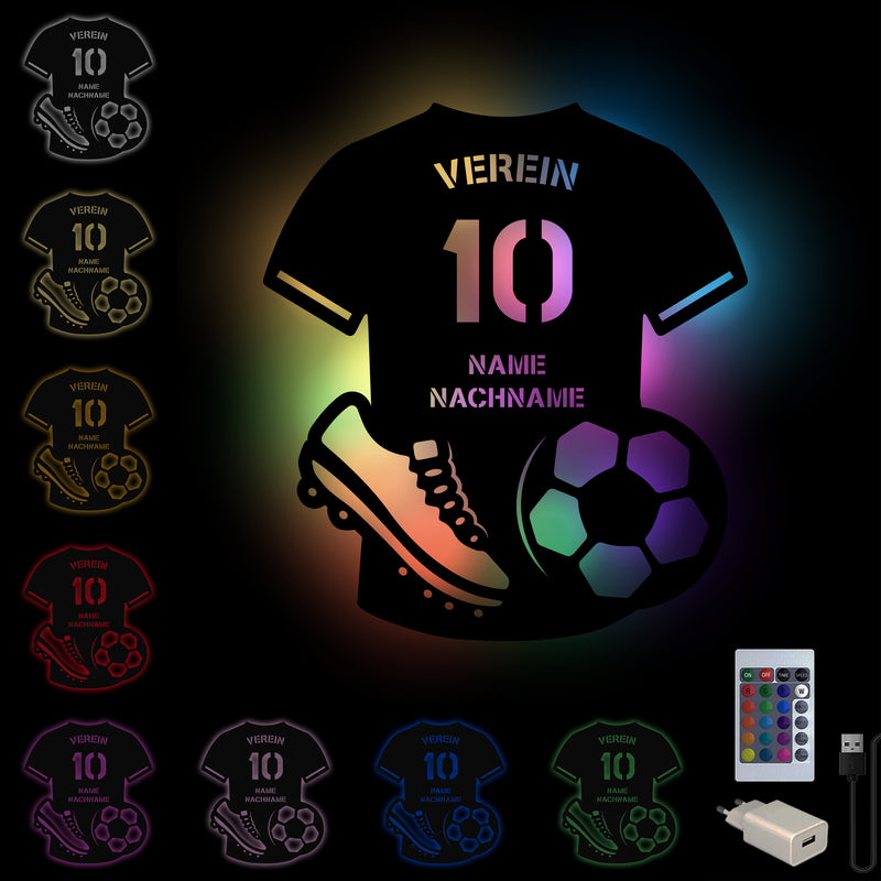 Wanddeko, Wandlicht aus Holz, Dekolicht mit LED oder RGB Lichterkette, personalisierbare Wanddekoration, Fußball Verein T-Shirt, Sportler, Fußballtrikot