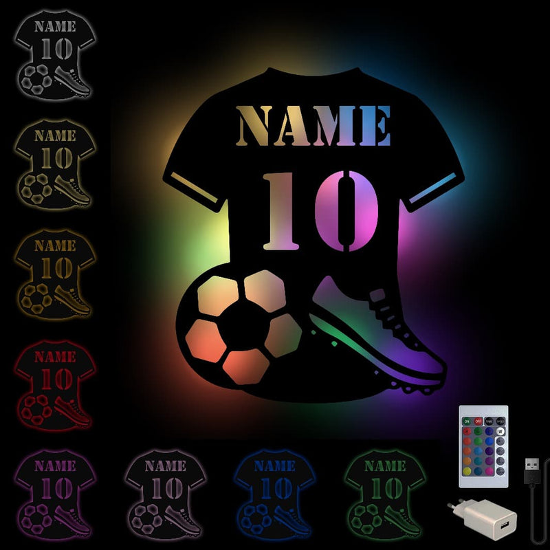 Wanddeko, Wandlicht aus Holz, Dekolicht mit LED oder RGB Lichterkette, personalisierbare Wanddekoration, Fußball Verein T-Shirt, Sportler, Fußballtrikot