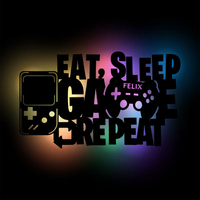 Gameboy 'Eat sleep game repeat' Geschenk für Gamer zum Geburtstag oder Weihnachten - LED RGB Gaming Licht Controller / Wandlampe aus Holz, personalisiert mit Name, Weihnachtsgeschenk, Geburtstagsgeschenk mit Fernbedienung