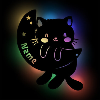 Katze auf Mond' LED RGB Nachtlicht / Wandlampe mit Spieluhr aus Holz personalisiert mit Name | Geburtstagsgeschenk | Weihnachtsgeschenk für Kinderzimmer