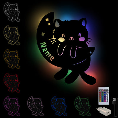 Katze auf Mond' LED RGB Nachtlicht / Wandlampe mit Spieluhr aus Holz personalisiert mit Name | Geburtstagsgeschenk | Weihnachtsgeschenk für Kinderzimmer mit Fernbedienung