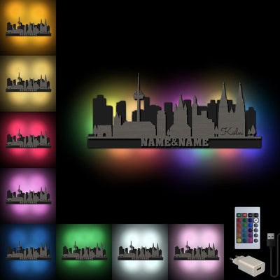 Köln Stadtsilhouette, in drei Größen, LED oder RGB Lichterkette, zwei Ebenen, Großstadt Silhouette, personalisierbar mit Namen