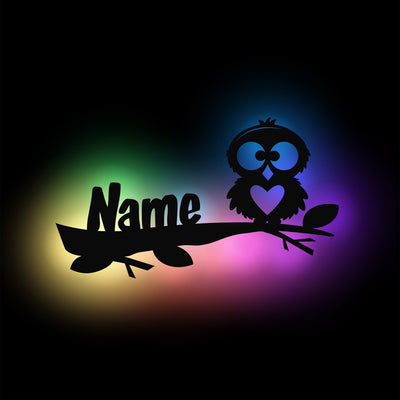 Personalisiert mit Name 'Eule auf Ast' LED RGB Nachtlicht / Wandlampe aus Holz | Geburtstagsgeschenk | Weihnachtsgeschenk für Kinderzimmer