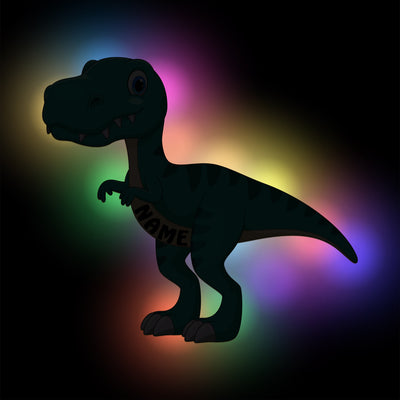 Dino T-Rex' LED RGB Nachtlicht / Wandlampe aus Holz, farbig bedruckt, personalisiert mit Name | Geburtstagsgeschenk | Weihnachtsgeschenk für Kinderzimmer mit Fernbedienung