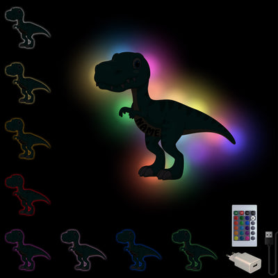 Dino T-Rex' LED RGB Nachtlicht / Wandlampe aus Holz, farbig bedruckt, personalisiert mit Name | Geburtstagsgeschenk | Weihnachtsgeschenk für Kinderzimmer mit Fernbedienung