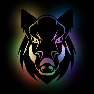 Wildsaukopf, Wildschwein Dekoration für die Wand, Geschenidee für Jäger oder Naturfreaks, Wildschwein Wanddeko aus HDF Holz schwarz lackiert mit RGB Beleuchtung