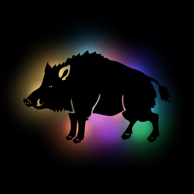 Wildsau, Wildschwein Dekoration für die Wand, Geschenidee für Jäger oder Naturfreaks, Wildschwein Wanddeko aus HDF Holz schwarz lackiert mit RGB Beleuchtung