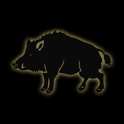 Wildsau, Wildschwein Dekoration für die Wand, Geschenidee für Jäger oder Naturfreaks, Wildschwein Wanddeko aus HDF Holz schwarz lackiert mit warm-weißer LED