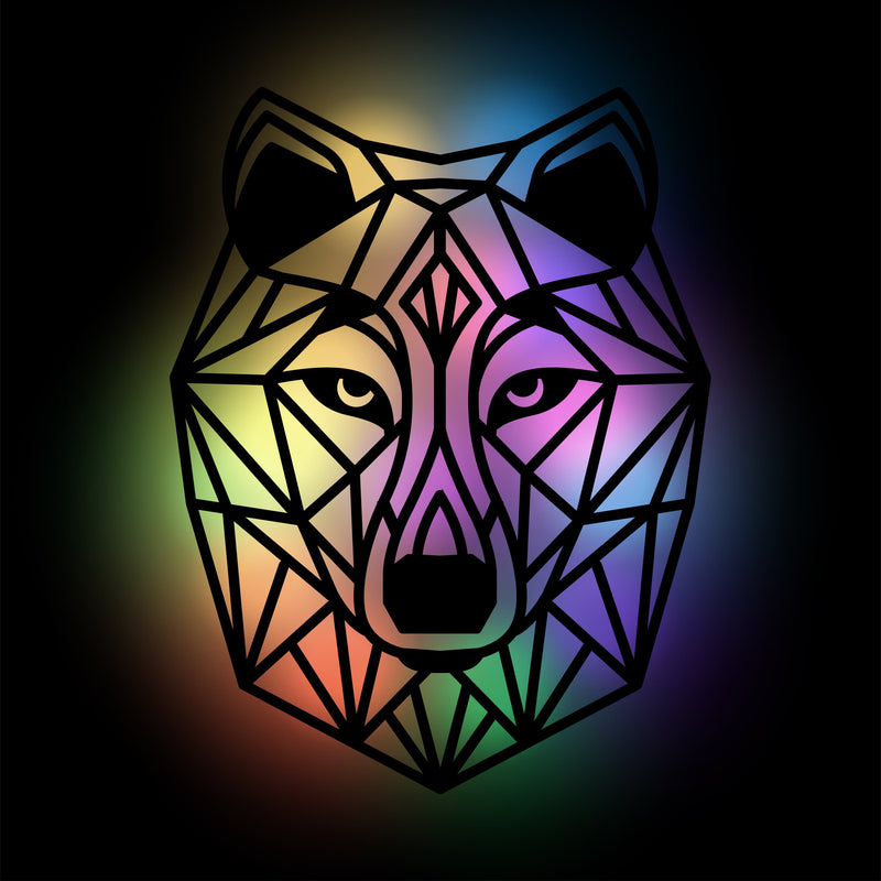 Moderner Polygon Wolfkopf, Wolf Dekoration, Wanddeko aus HDF, moderne schwarze Wanddeko für Jäger oder Naturliebhaber, RGB Beleuchtung