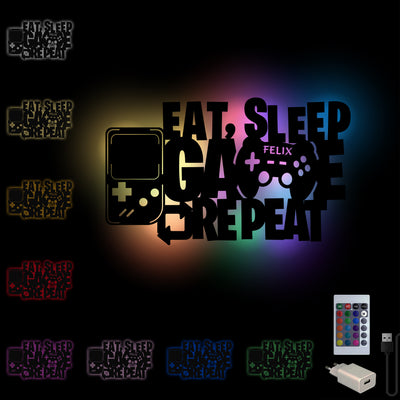 Gameboy 'Eat sleep game repeat' Geschenk für Gamer zum Geburtstag oder Weihnachten - LED RGB Gaming Licht Controller / Wandlampe aus Holz, personalisiert mit Name, Weihnachtsgeschenk, Geburtstagsgeschenk, mit Fernbedienung