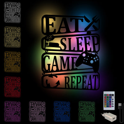 Eat sleep game repeat' Geschenk für Gamer zum Geburtstag oder Weihnachten - LED RGB Gaming Licht Controller / Wandlampe aus Holz,  Weihnachtsgeschenk, Geburtstagsgeschenk, mit Fernbedienung