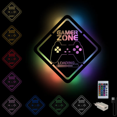 Gamer Zone Schild' Geschenk für Gamer zum Geburtstag oder Weihnachten - Gamepad Loading... LED RGB Gaming Licht / Wandlampe aus Holz, Weihnachtsgeschenk, Geburtstagsgeschenk mit Fernbedienung