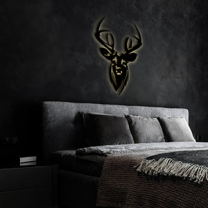 Hirschkopf, moderne Wanddeko, Wandlicht aus HDF Holz schwarz lackiert, moderne Deko für Jäger, Geschenkidee für Naturliebhaber