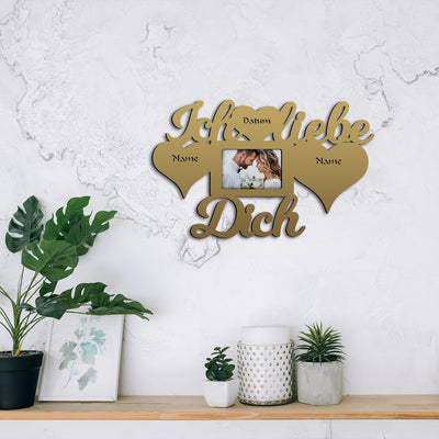 Liebeserklärung Geschenkidee 'Ich liebe Dich' Herzen Bilderrahmen personalisiert mit Namen und Datum, LED RGB Wandlampe aus Holz,  Hochzeitsgeschenk, Geschenk für Männer, Jahrestag Geschenk Hochzeitstag, Holz Wanddeko mit Fernbedienung gold