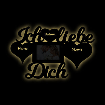 Liebeserklärung Geschenkidee 'Ich liebe Dich' Herzen Bilderrahmen personalisiert mit Namen und Datum, LED RGB Wandlampe aus Holz,  Hochzeitsgeschenk, Geschenk für Männer, Jahrestag Geschenk Hochzeitstag, Holz Wanddeko 