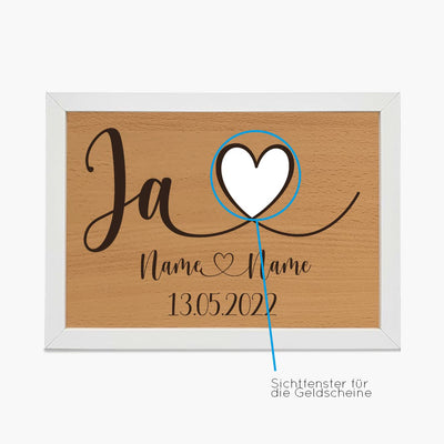 Geschenkidee Geldgeschenk 'JA' personalisiert mit Namen und Datum, aus MDF Holz, Hochzeitsgeschenk, Geschenk zur Hochzeit Holz Wanddeko