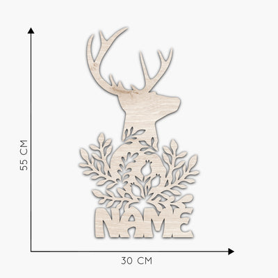 Hirschkopf Wanddeko, Türschild, personalisierbare Holzdeko zum Verschenken, Dekoration für Naturfreunde, Jäger